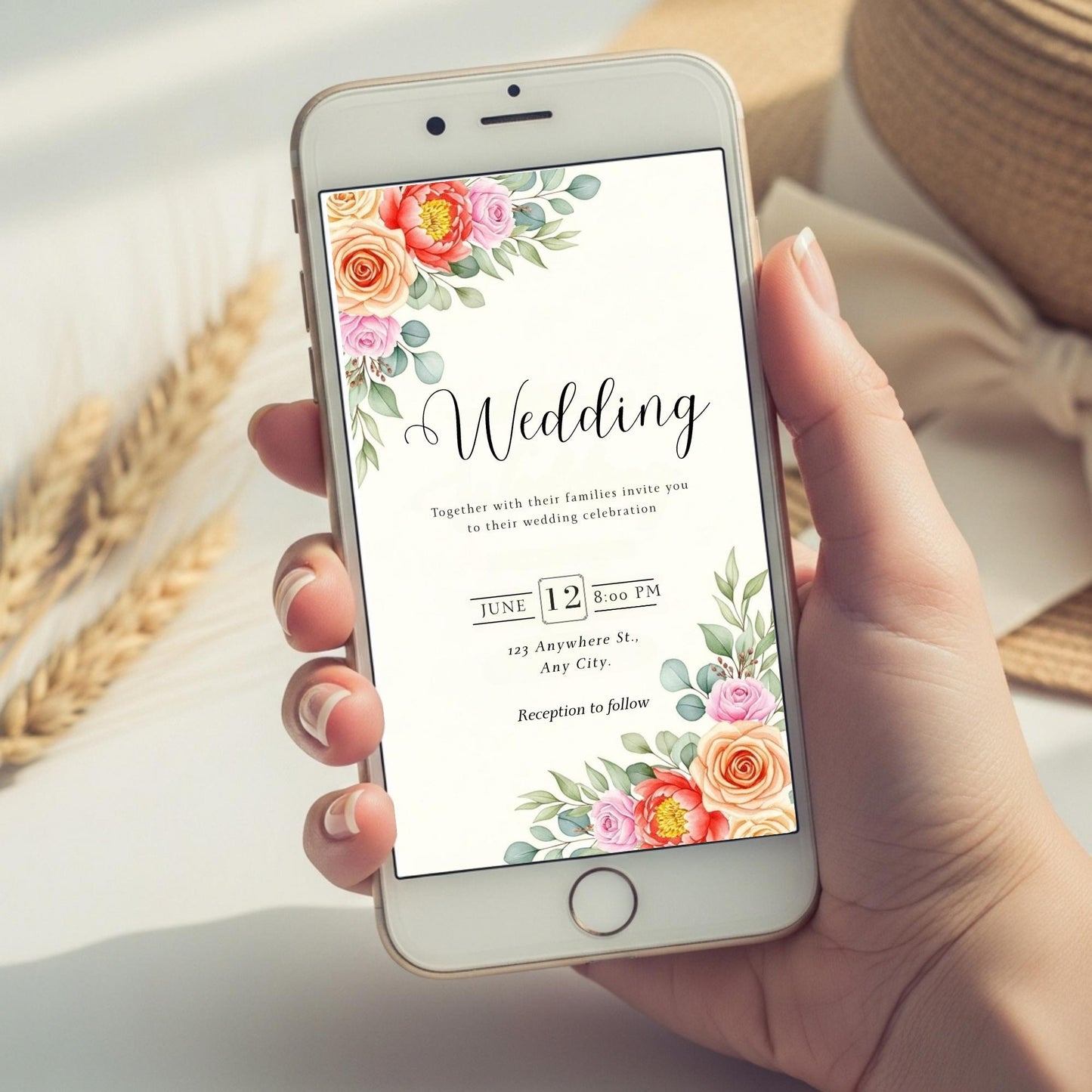 Modern Romantic Wedding Invitation | Elegant Digital Invite | Editable Canva Template | Floral E-vite for Smartphone | Instant Download