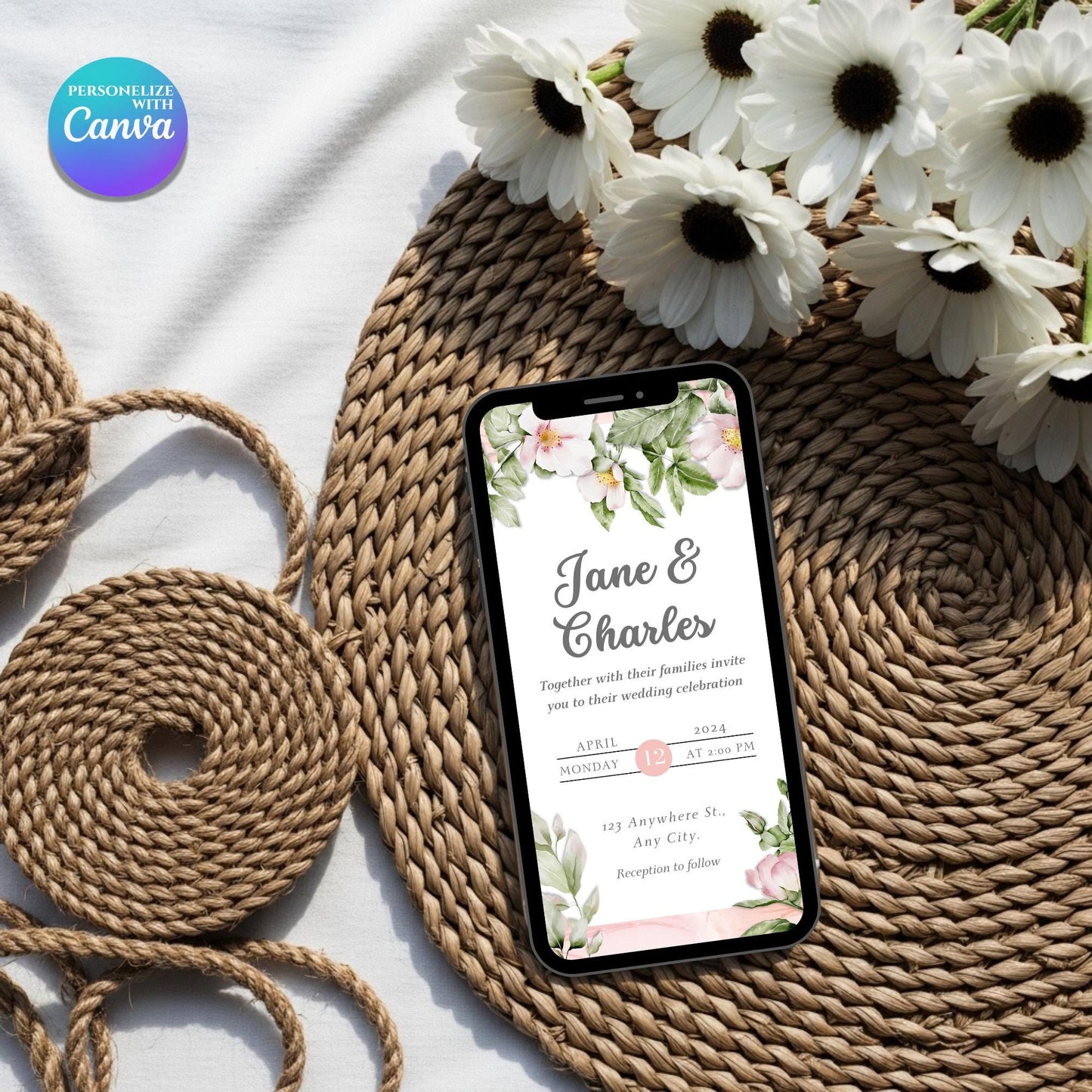 Watercolor Wedding Invitation Template | Editable Canva Digital Invite | Pink Floral Greenery | Electronic Phone Evite for Smartphone