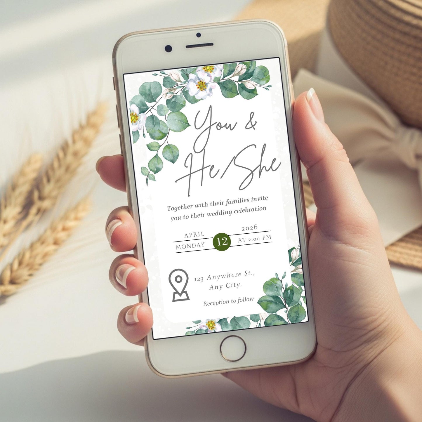 Watercolor Wedding Invitation | Elegant Electronic Invite | Editable Canva Template for Smartphone | Modern Pink Floral Greenery