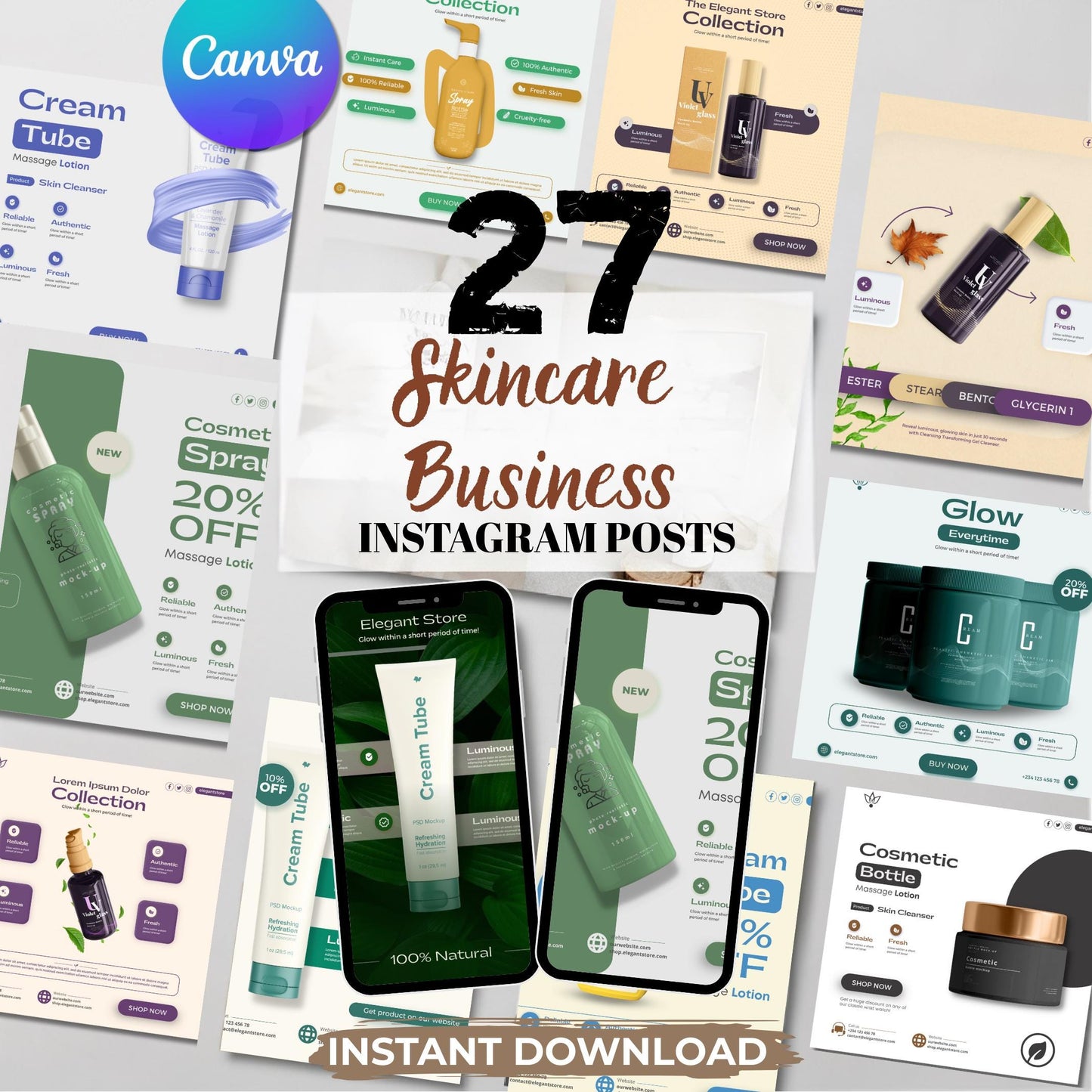 Elegant Skincare Instagram Templates: Canva Pro Beauty Social Media Kit
