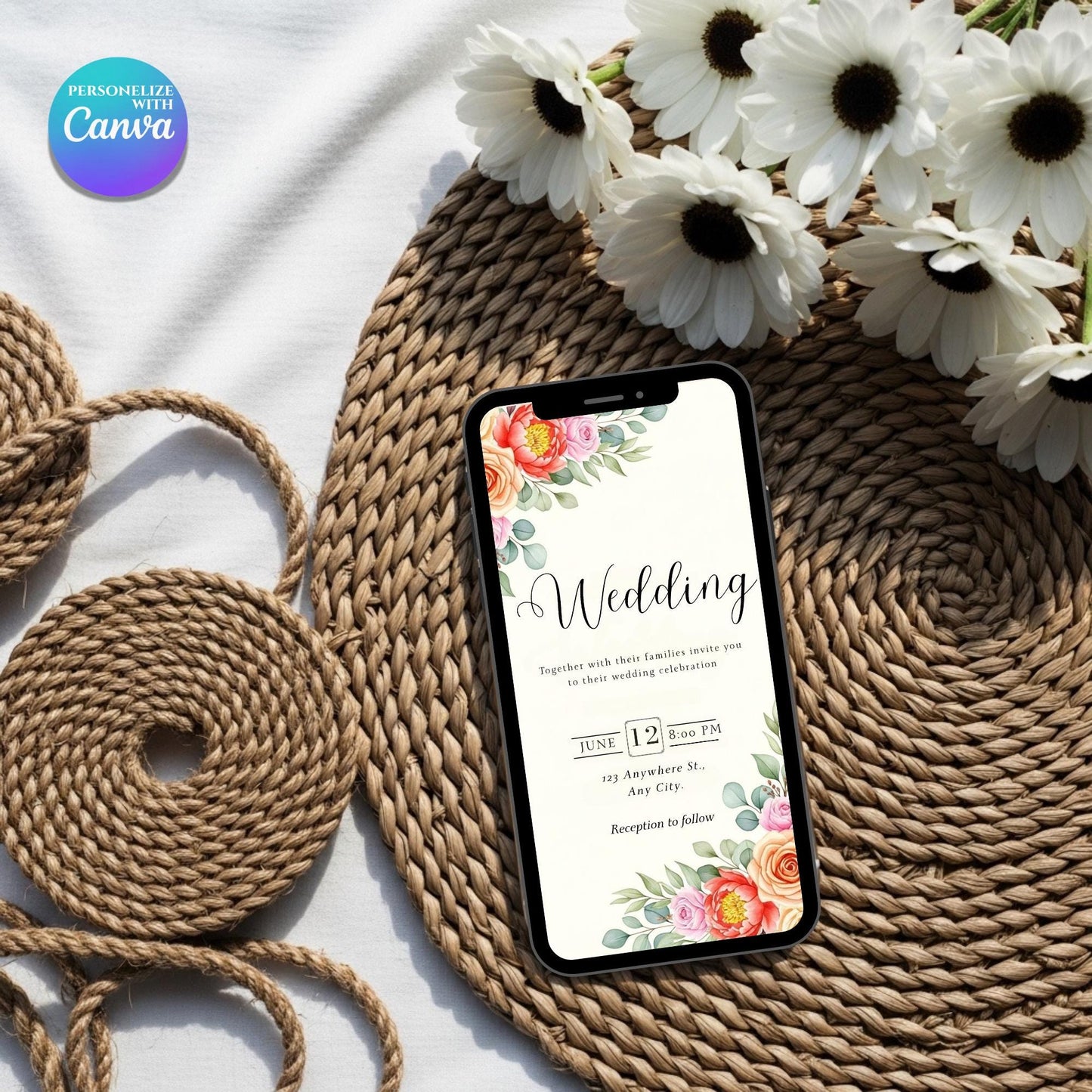 Modern Romantic Wedding Invitation | Elegant Digital Invite | Editable Canva Template | Floral E-vite for Smartphone | Instant Download