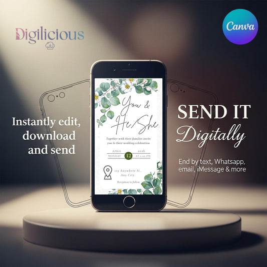 Watercolor Wedding Invitation | Elegant Electronic Invite | Editable Canva Template for Smartphone | Modern Pink Floral Greenery