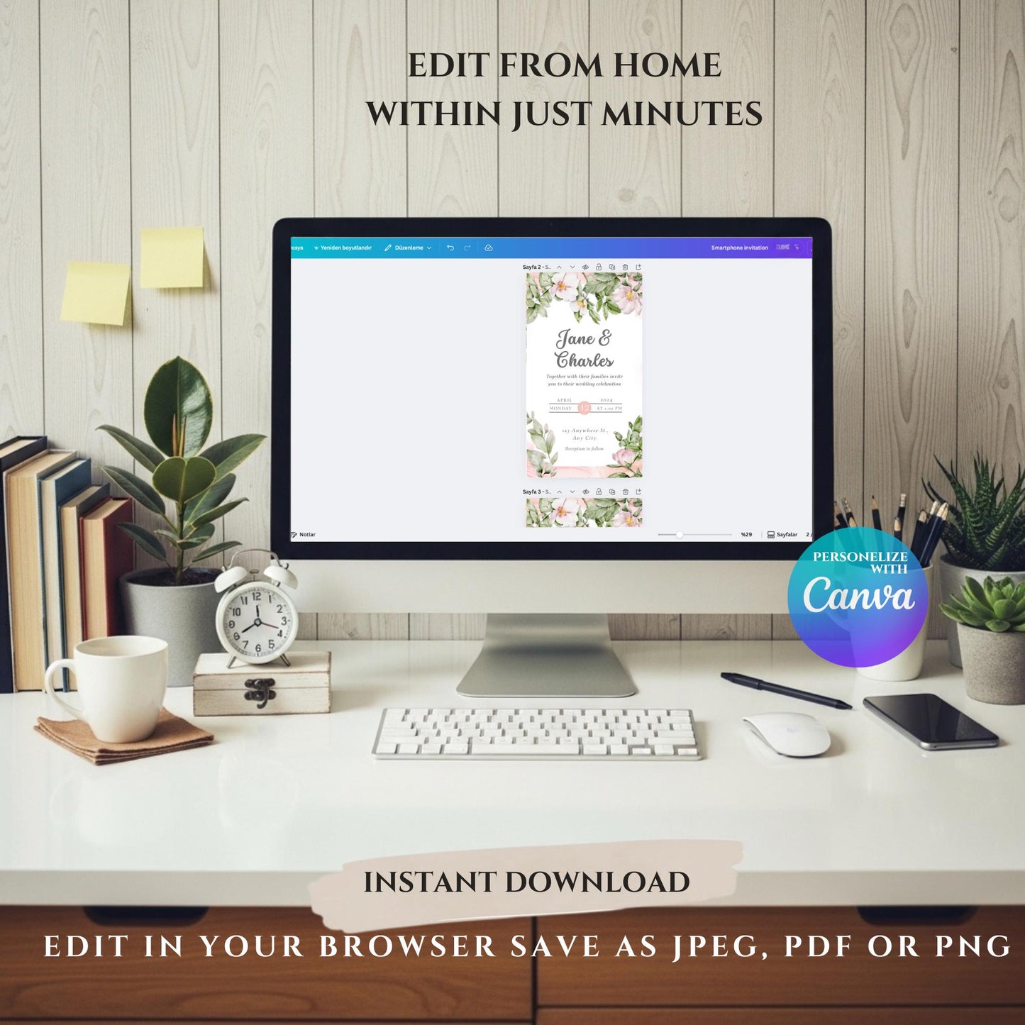 Watercolor Wedding Invitation Template | Editable Canva Digital Invite | Pink Floral Greenery | Electronic Phone Evite for Smartphone