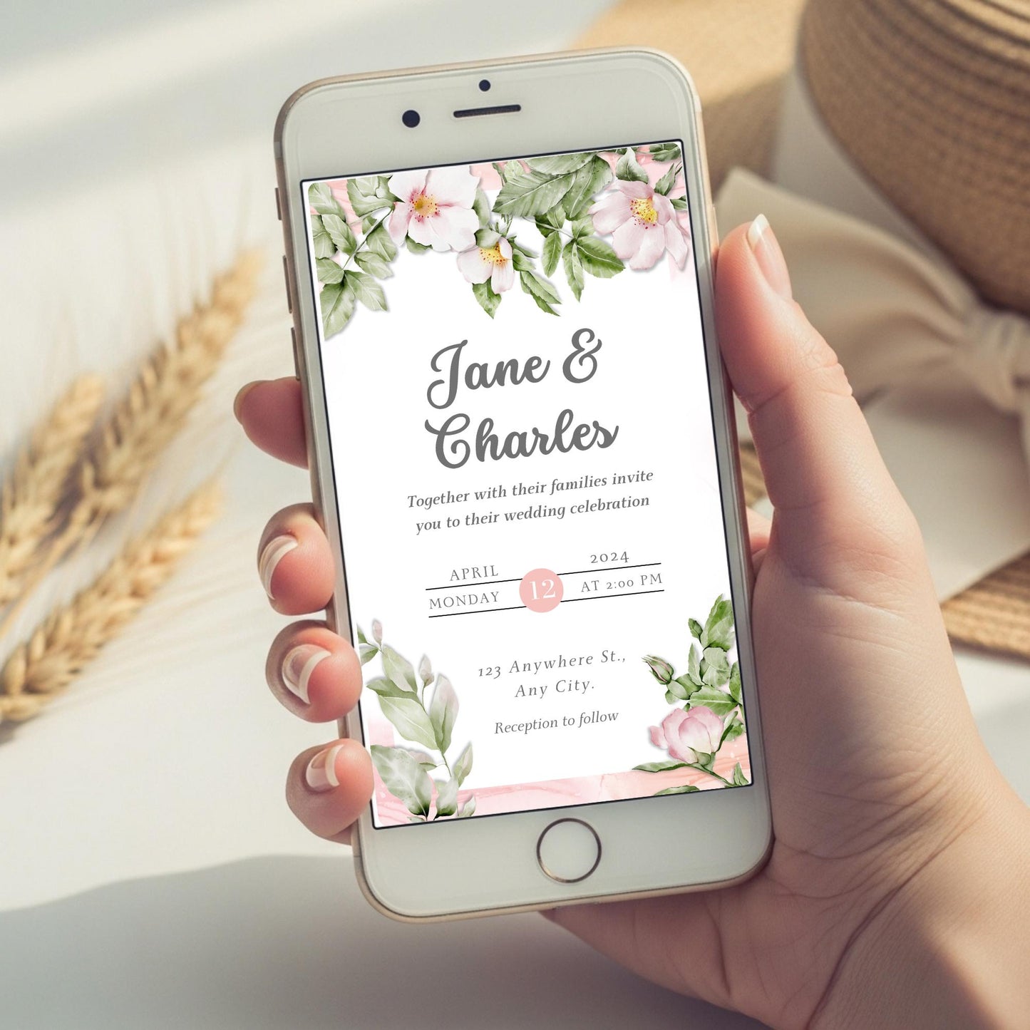Watercolor Wedding Invitation Template | Editable Canva Digital Invite | Pink Floral Greenery | Electronic Phone Evite for Smartphone