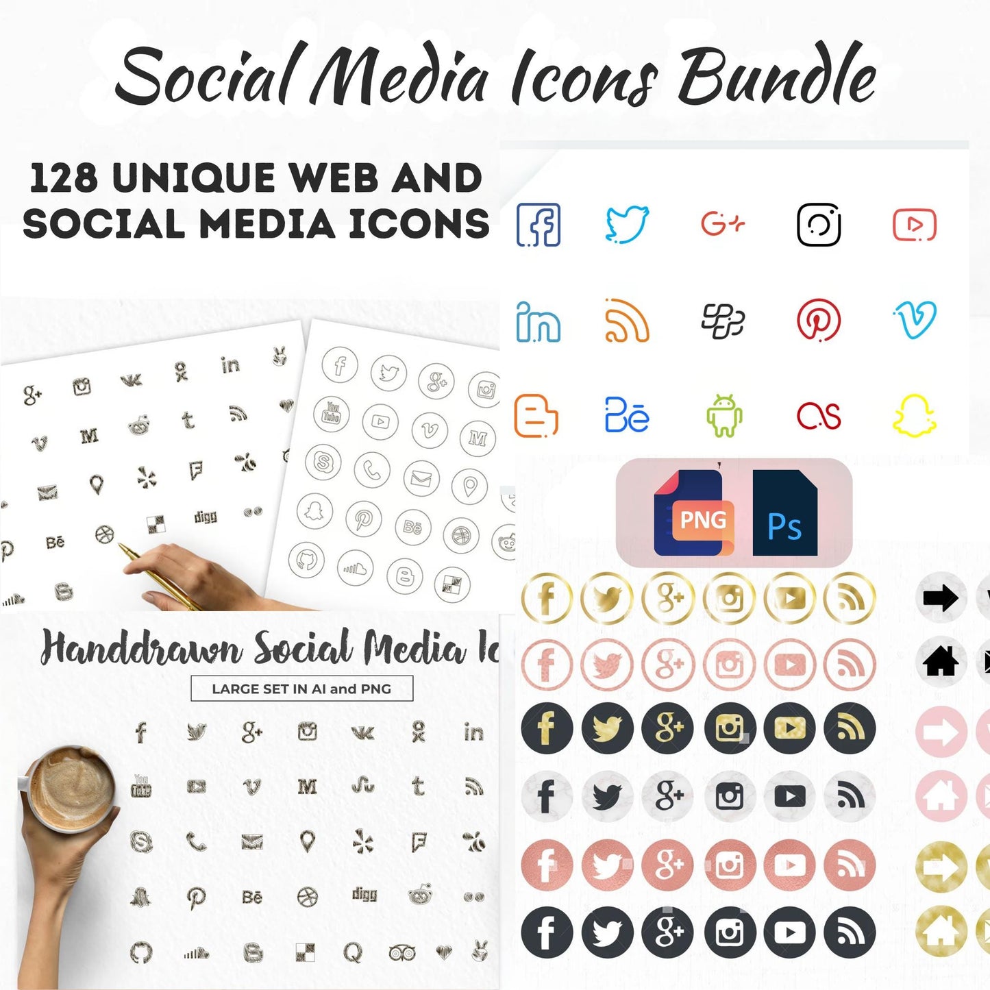 Ultimate Social Media Icon Bundle | 128 Stylish & Versatile Icons | Psd, Png, AI, Svg, Eps | Web, Blog Design Ready