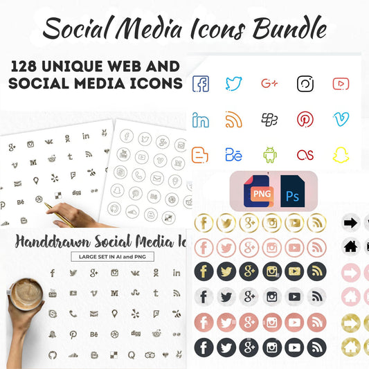 Ultimate Social Media Icon Bundle | 128 Stylish & Versatile Icons | Psd, Png, AI, Svg, Eps | Web, Blog Design Ready