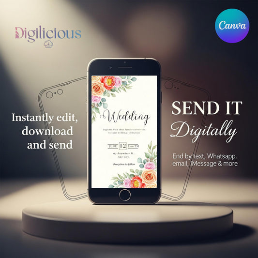 Modern Romantic Wedding Invitation | Elegant Digital Invite | Editable Canva Template | Floral E-vite for Smartphone | Instant Download