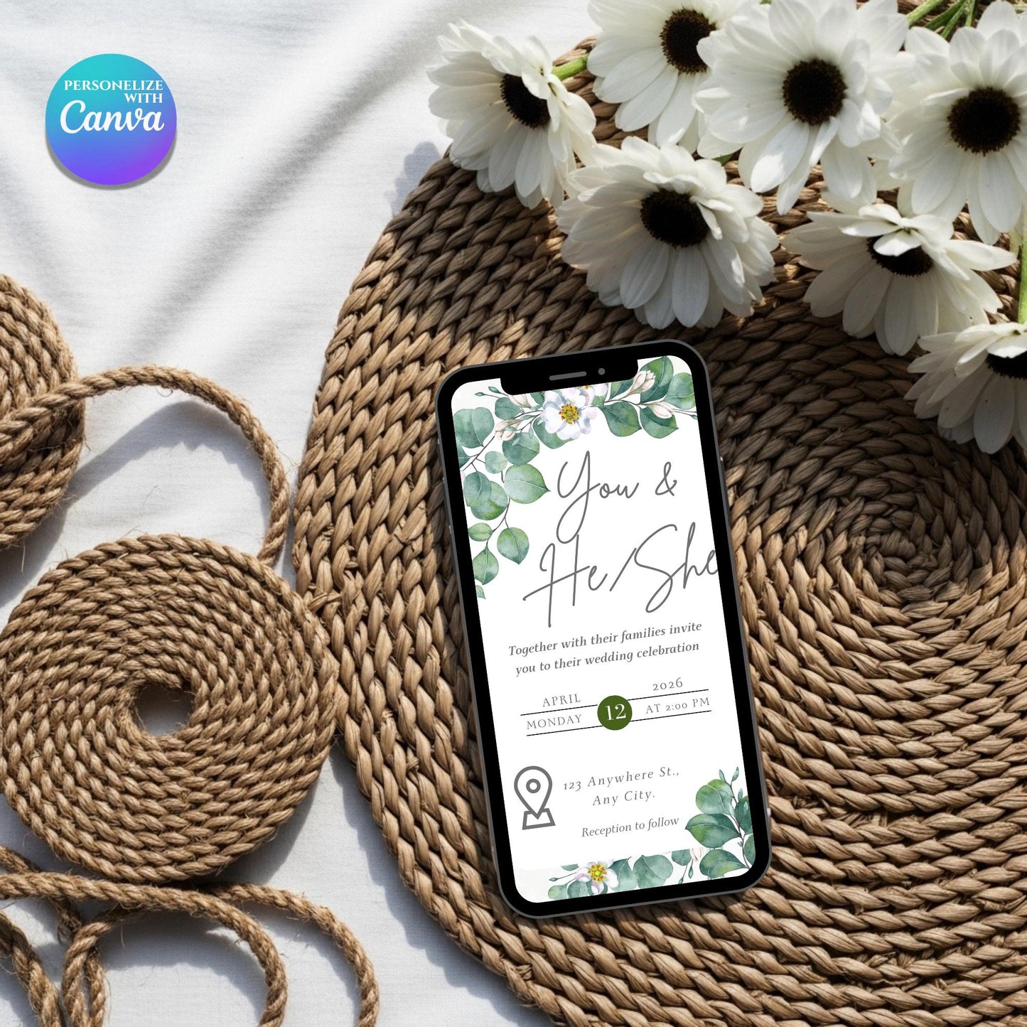 Watercolor Wedding Invitation | Elegant Electronic Invite | Editable Canva Template for Smartphone | Modern Pink Floral Greenery