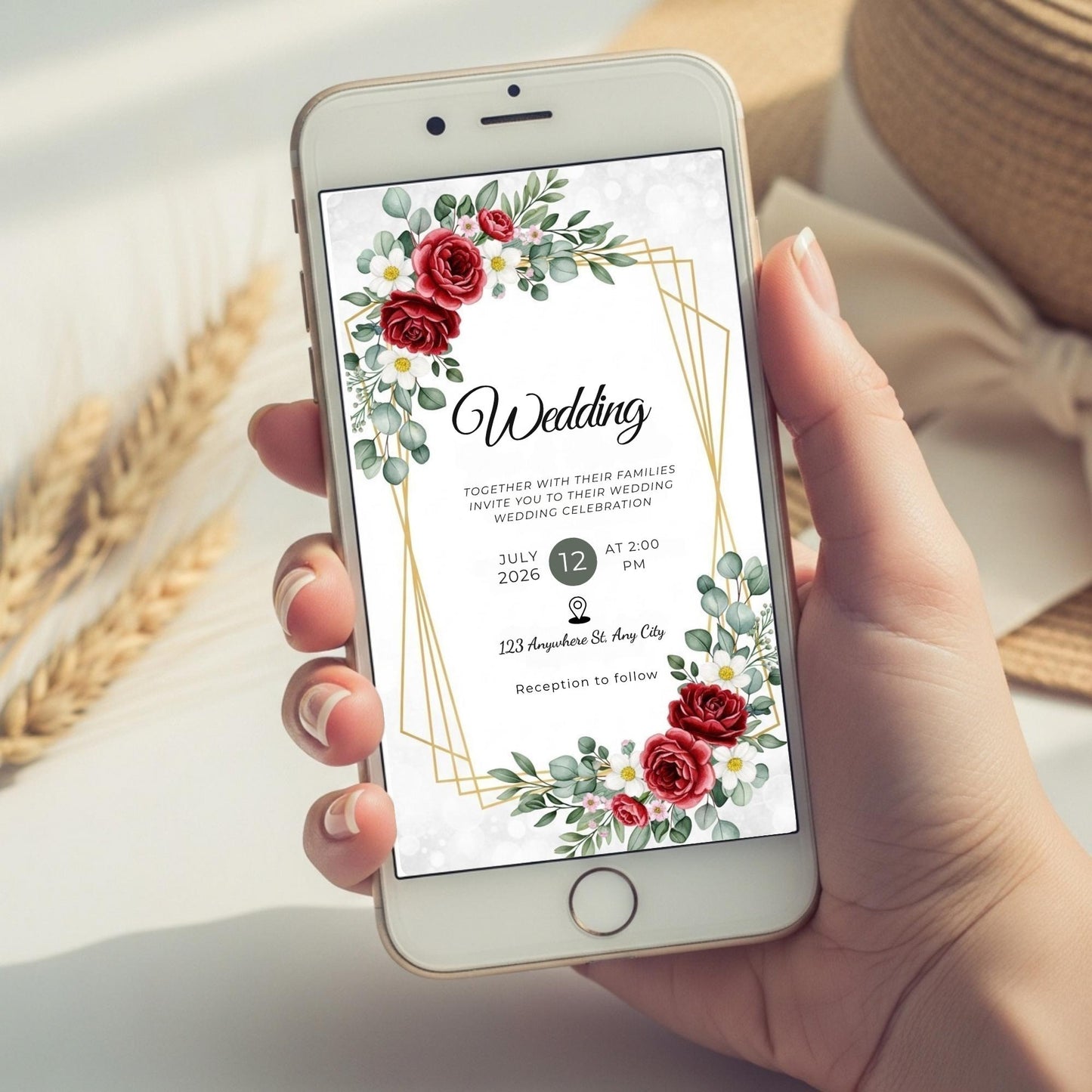 Elegant Floral Wedding Invitation Template | Editable Canva E-vite | Modern Digital Invite for Smartphone | Instant Download
