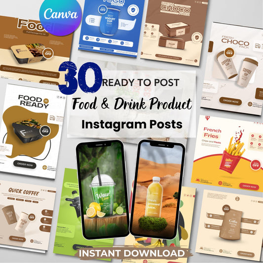 30 Food & Drink Product Sale Instagram Templates, Editable Canva Posts for Restaurant Promotion, Cafe Menu - Fast Food Ads