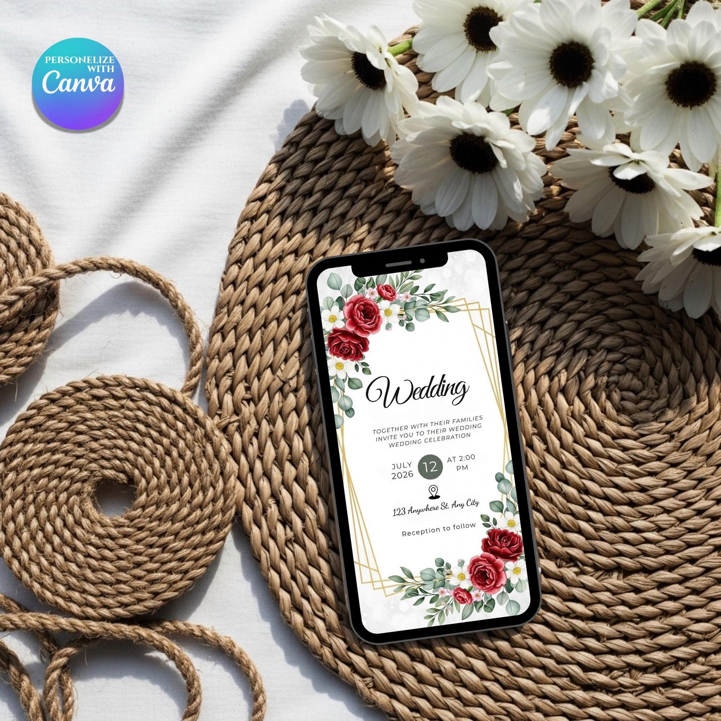 Elegant Floral Wedding Invitation Template | Editable Canva E-vite | Modern Digital Invite for Smartphone | Instant Download