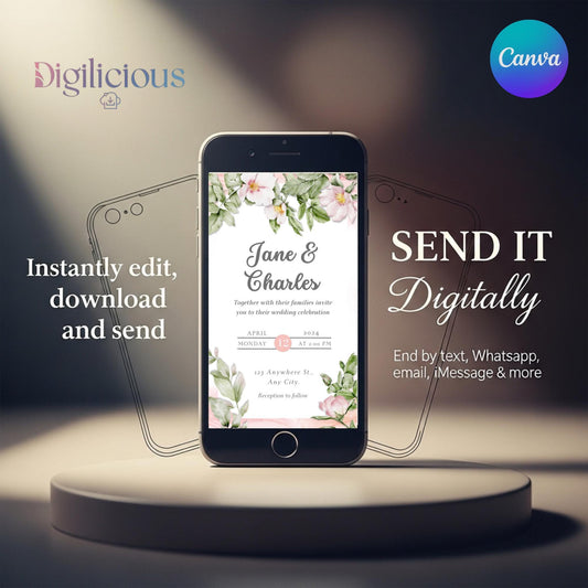 Watercolor Wedding Invitation Template | Editable Canva Digital Invite | Pink Floral Greenery | Electronic Phone Evite for Smartphone