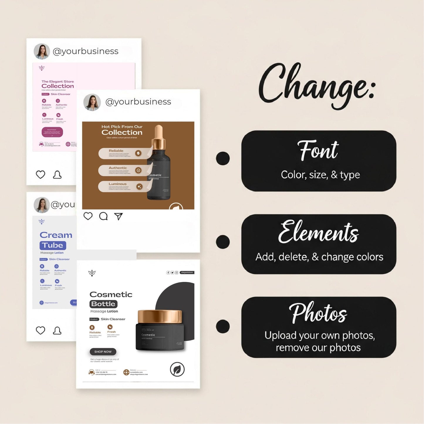 Elegant Skincare Instagram Templates: Canva Pro Beauty Social Media Kit