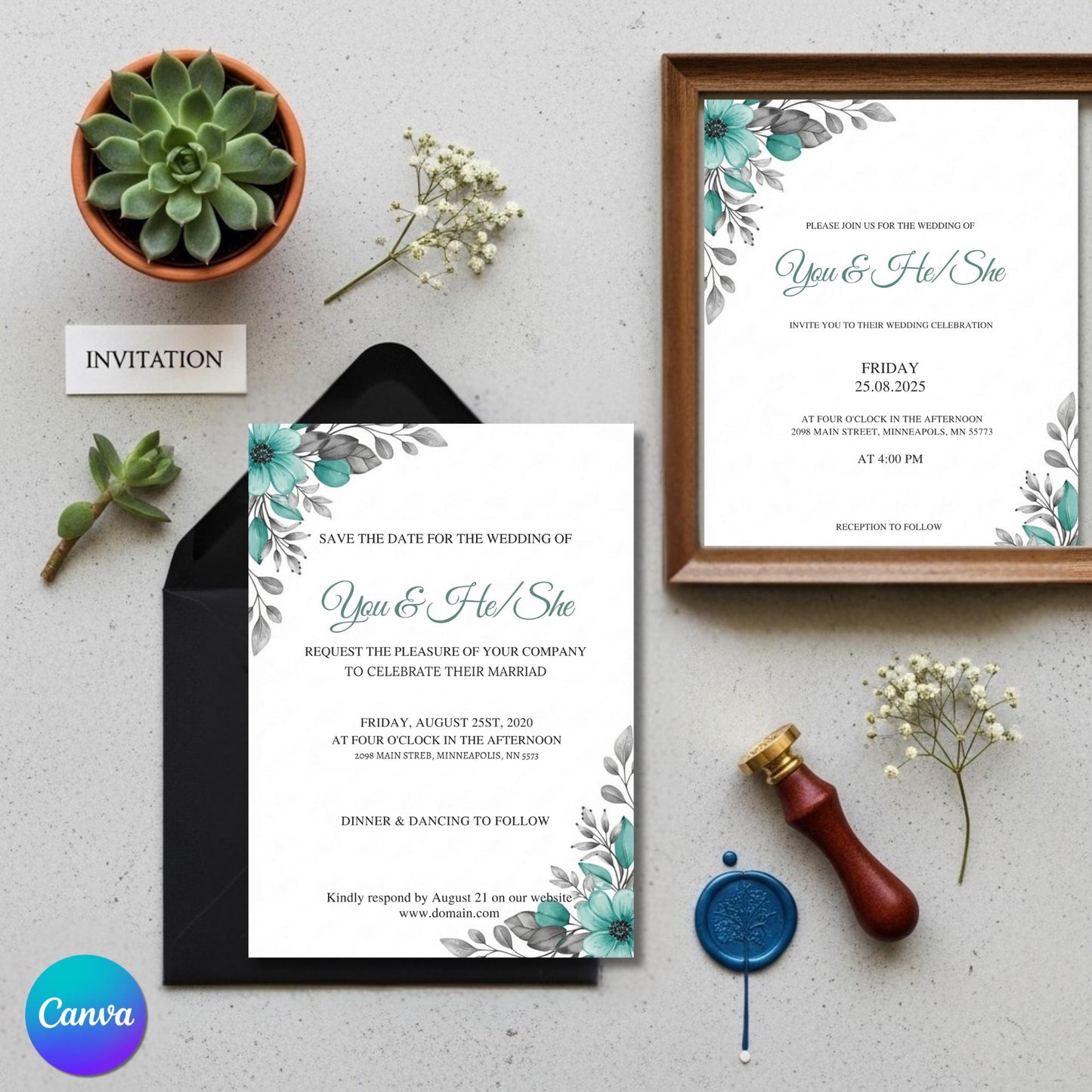 45 Editable Wedding Invitation Suite Template Canva | Printable Wedding Invite Set | Modern Minimalist Invitations | Instant Download
