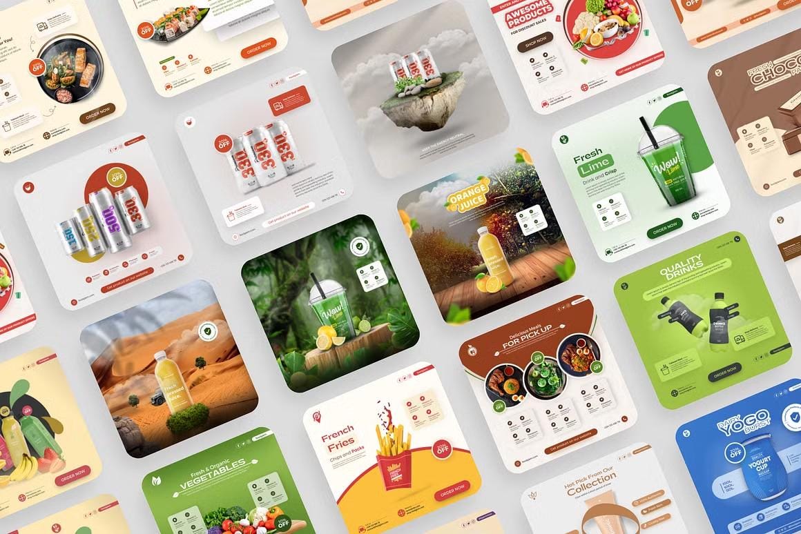 30 Food & Drink Product Sale Instagram Templates, Editable Canva Posts for Restaurant Promotion, Cafe Menu - Fast Food Ads